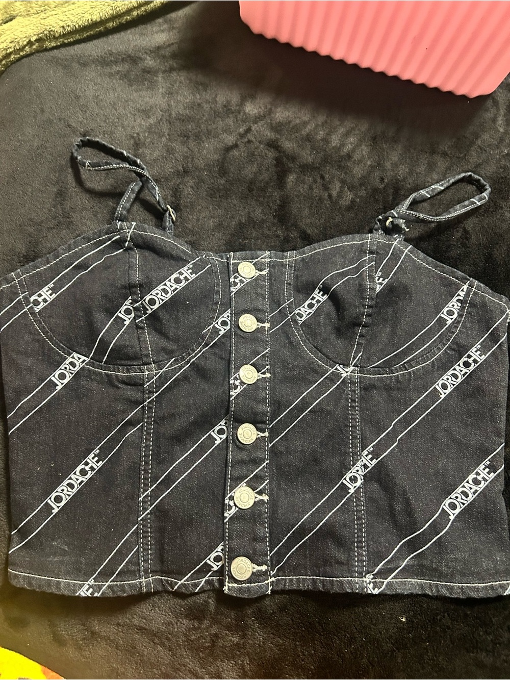 Jordache Black Denim Logo Crop Top with Buttons